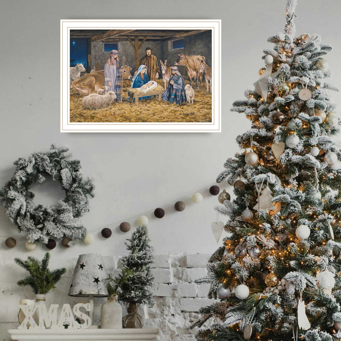 Trendy Decor 4U The Greatest Gift of All - The Birth of Christ White Framed Wall Art for Living Room, Nativity Wall Art Print for Home Decor, Bedroom Wall Art by Bonnie Mohr