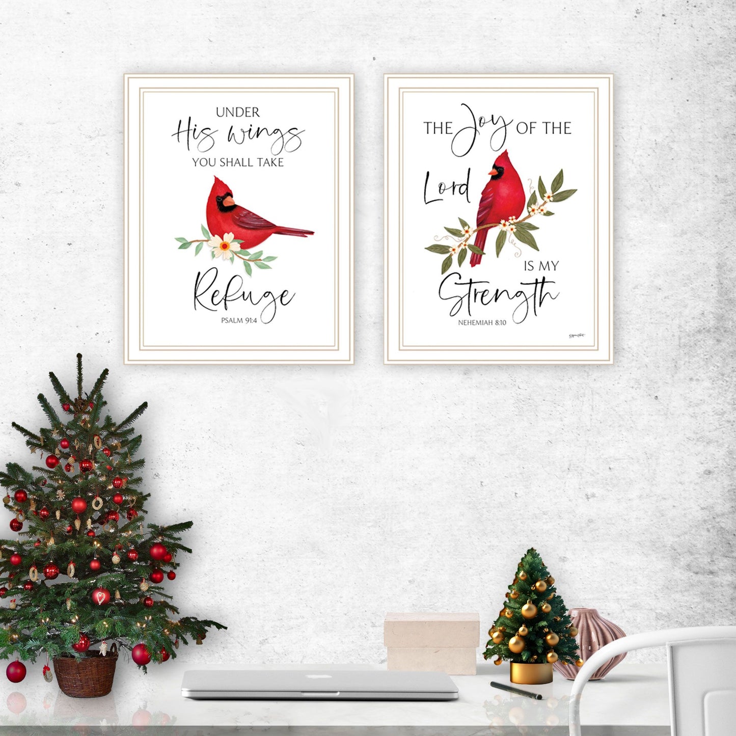 Trendy Decor 4U 2- Piece Vignette The Lord is MY Strength - Red Cardinals White Framed Wall Art for Living Room, Bedroom Wall Art Print for Home Decor by Annie Lapoint