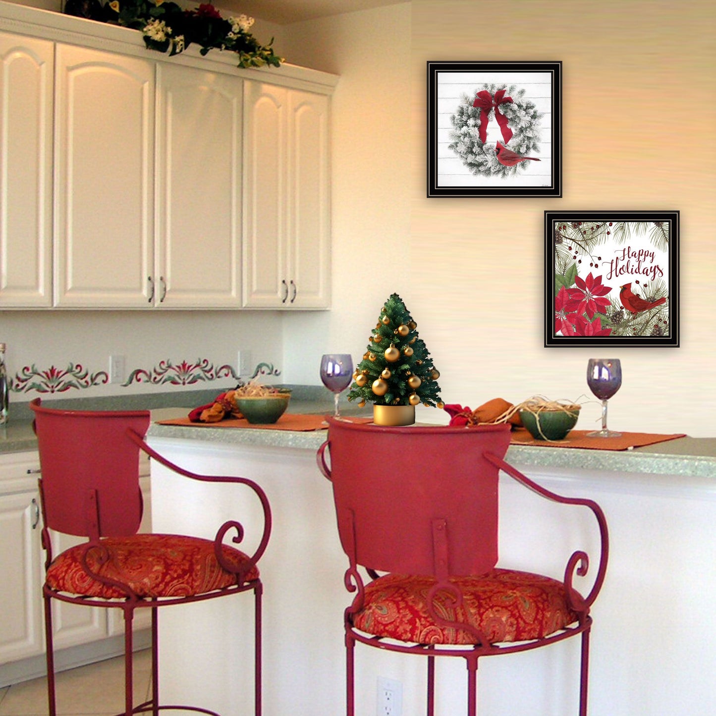 Trendy Decor 4U 2- Piece Vignette Cardinal Wreath Black Framed Wall Art for Living Room, Bedroom Wall Art Print for Home Decor by Linda Spivey