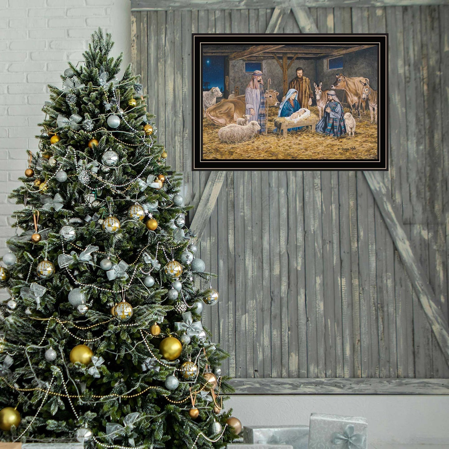 Trendy Decor 4U The Greatest Gift of All - The Birth of Christ Black Framed Wall Art for Living Room, Nativity Wall Art Print for Home Decor, Bedroom Wall Art by Bonnie Mohr