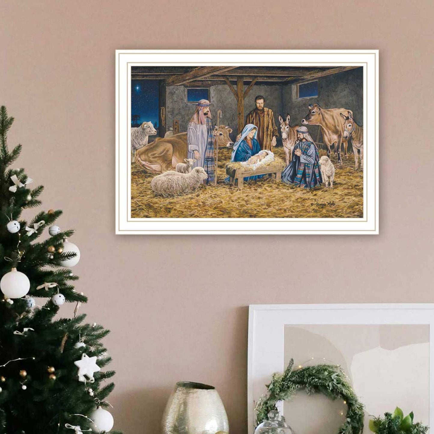 Trendy Decor 4U The Greatest Gift of All - The Birth of Christ White Framed Wall Art for Living Room, Nativity Wall Art Print for Home Decor, Bedroom Wall Art by Bonnie Mohr
