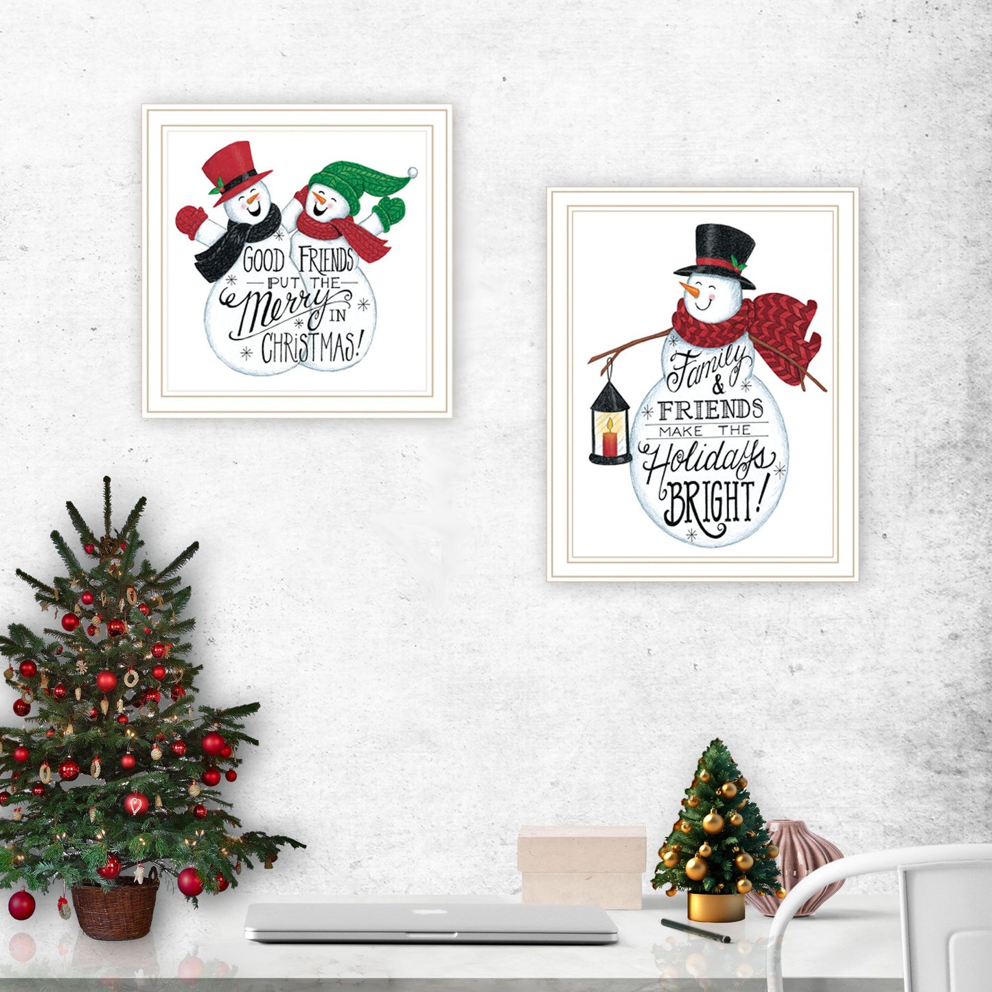 Trendy Decor 4U 2- Piece Vignette Good Friends Snowman White Framed Wall Art for Living Room, Bedroom Wall Art Print for Home Decor by Deb Strain